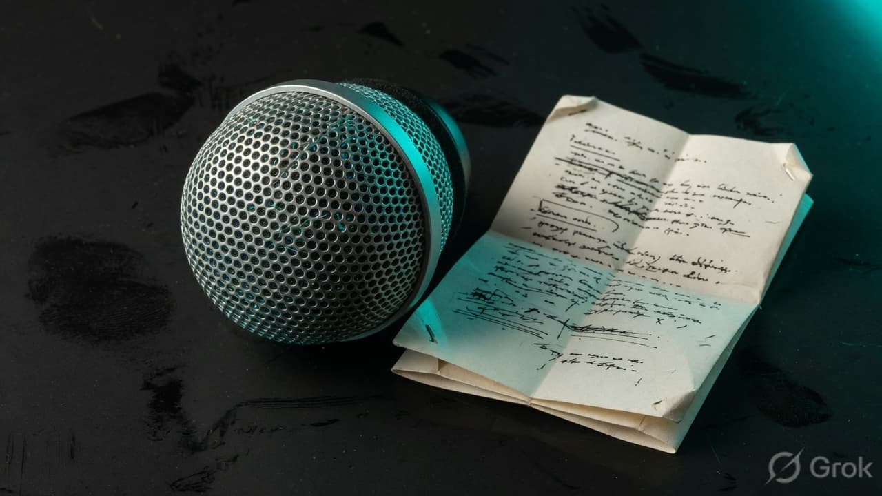 Microphone and a printed report on a dark desk